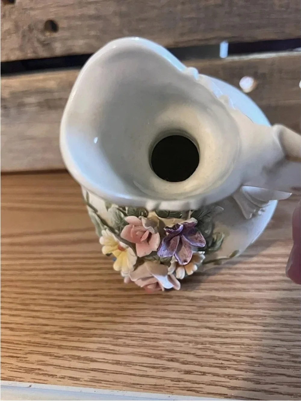 White Floral Embossed Ceramic Pitcher with Pastel Roses